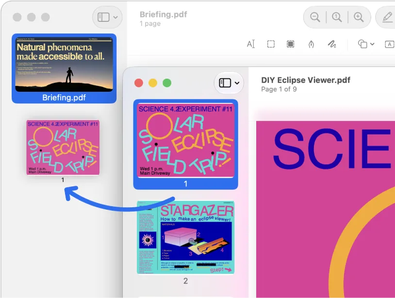 Preview on Mac: a page thumbnail is dragged, along the blue arrow, from the sidebar of one PDF to the sidebar of the other.