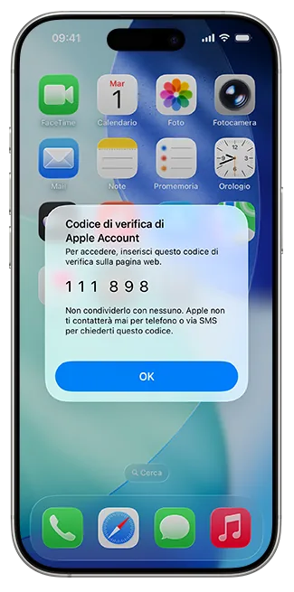 iPhone che mostra l'avviso Codice di verifica di Apple Account, con un codice di sei cifre di esempio, l'avvertenza di non condividerlo e il pulsante OK.